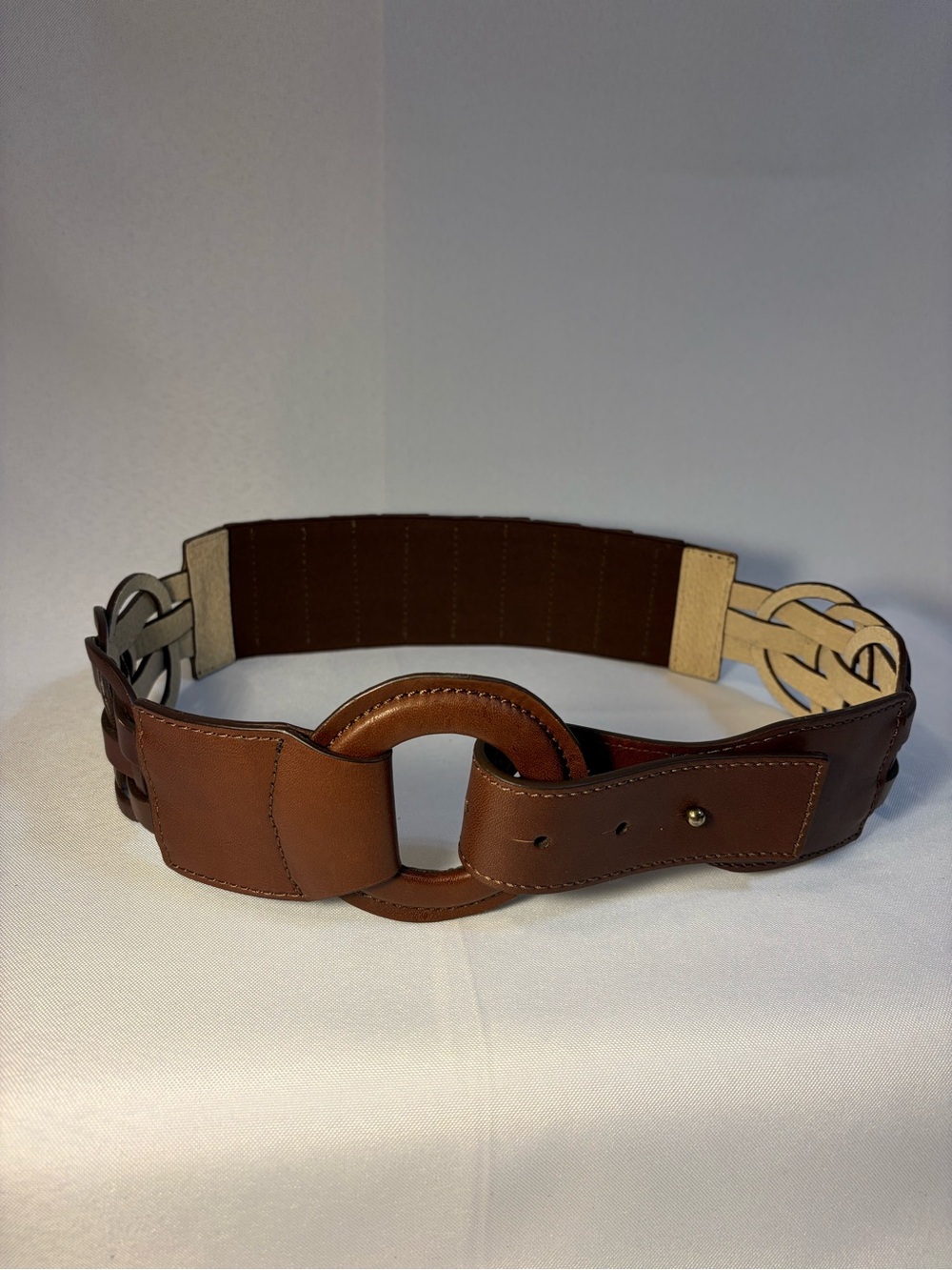 Women's Brown Leather Elastic Waist Belt with Circular Buckle
